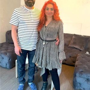 Printed dress with flared skirt and sleeves